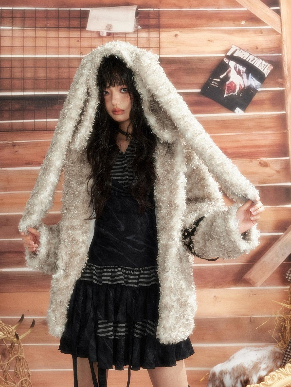 ALL iN plan Bunny Ear Hooded Spliced Loose Fit Women&