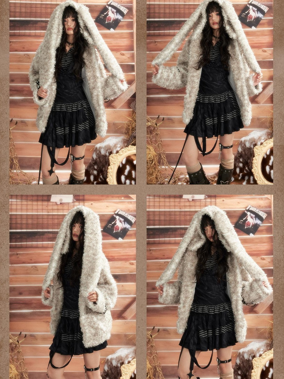 ALL iN plan Bunny Ear Hooded Spliced Loose Fit Women&