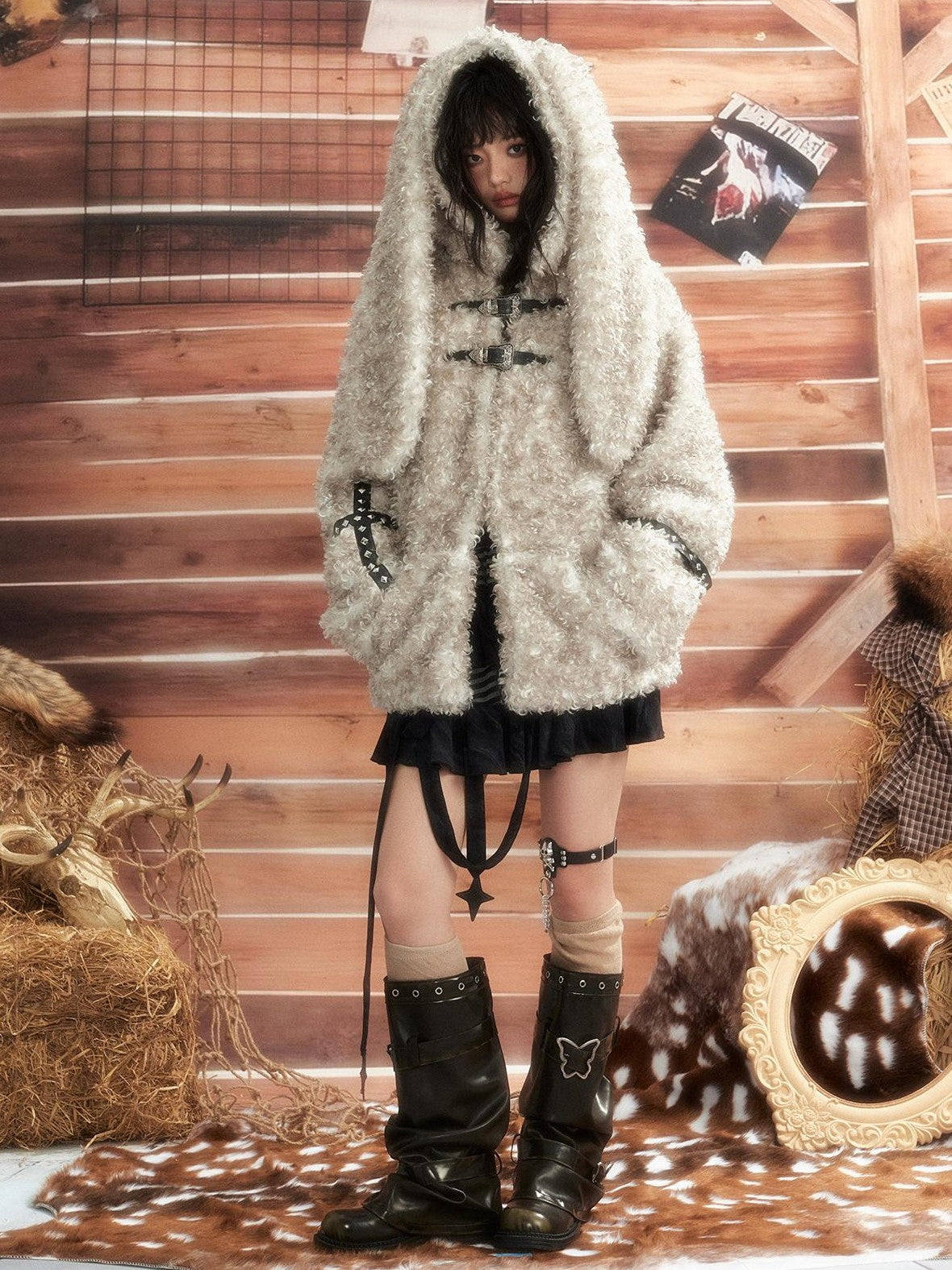 ALL iN plan Bunny Ear Hooded Spliced Loose Fit Women&
