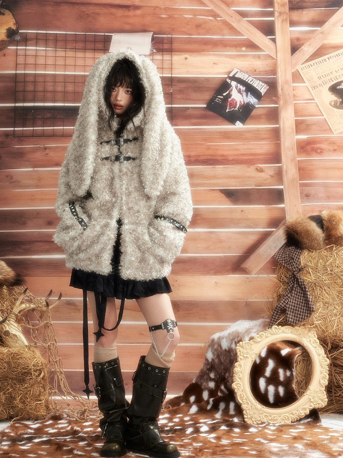 ALL iN plan Bunny Ear Hooded Spliced Loose Fit Women&