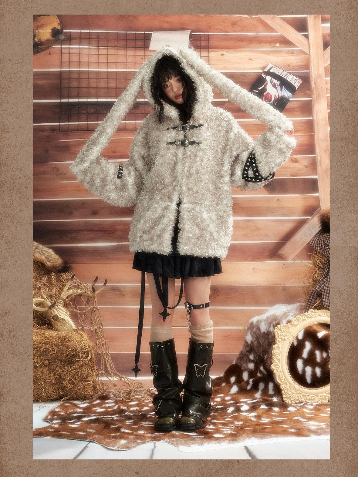 ALL iN plan Bunny Ear Hooded Spliced Loose Fit Women&