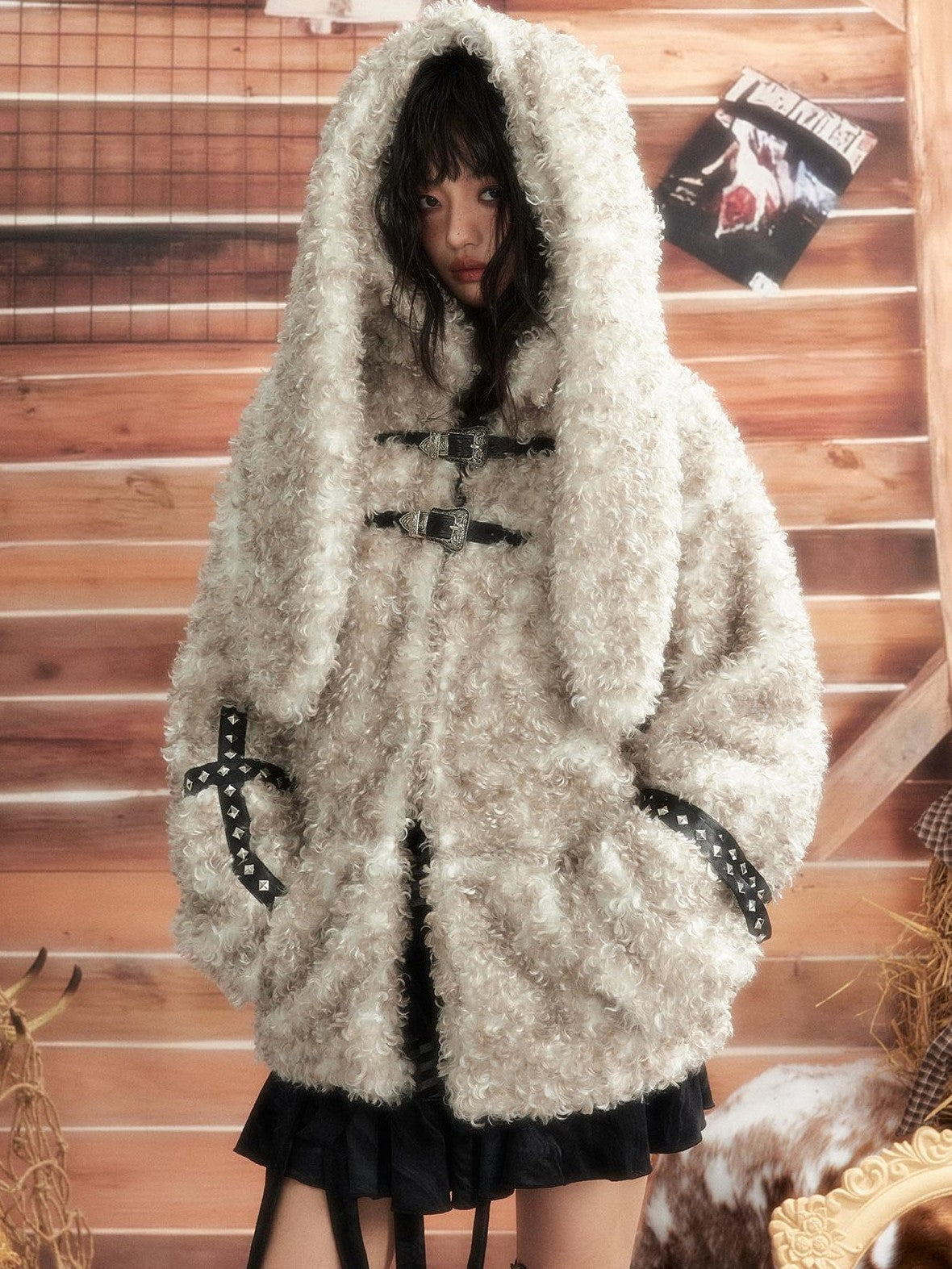 ALL iN plan Bunny Ear Hooded Spliced Loose Fit Women&