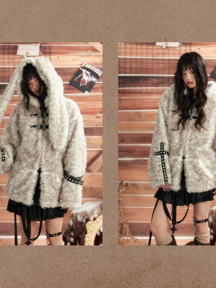 ALL iN plan Bunny Ear Hooded Spliced Loose Fit Women&