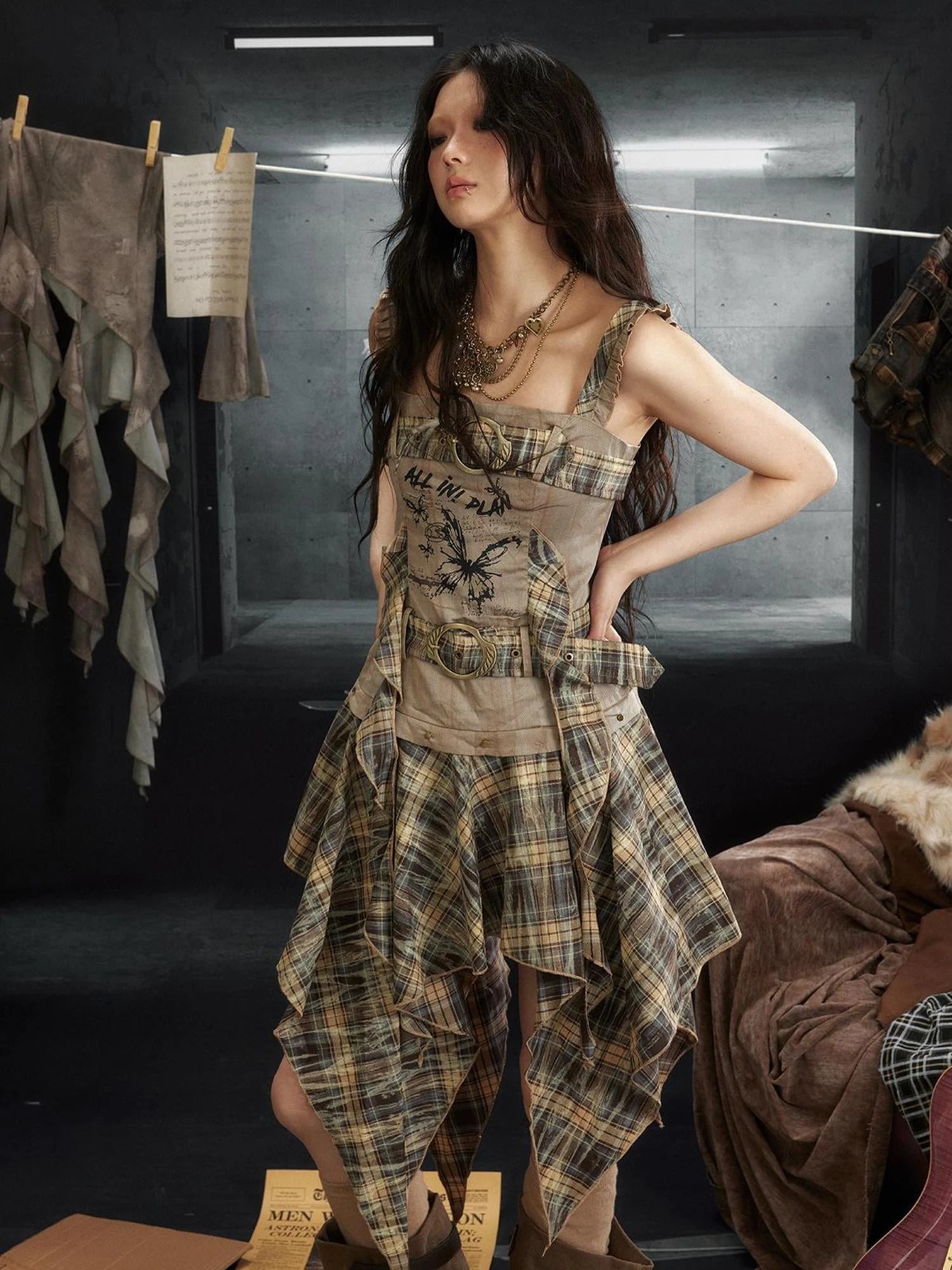 Butterfly Print Double Belt Plaid Dress