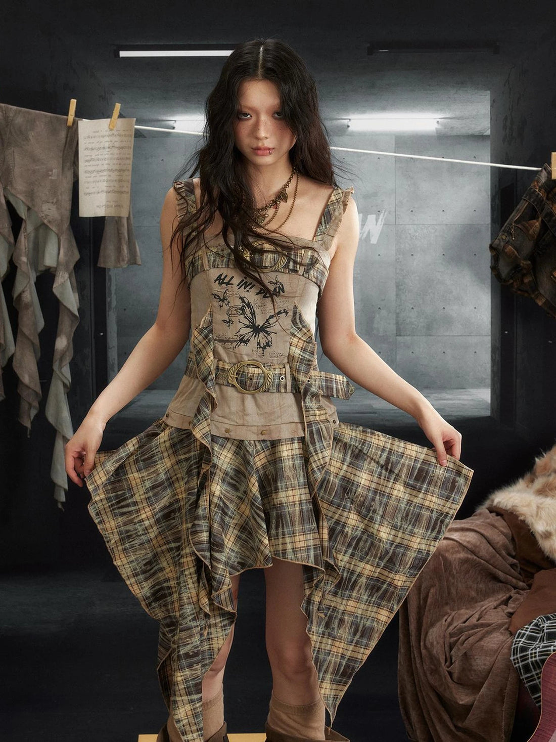 Butterfly Print Double Belt Plaid Dress