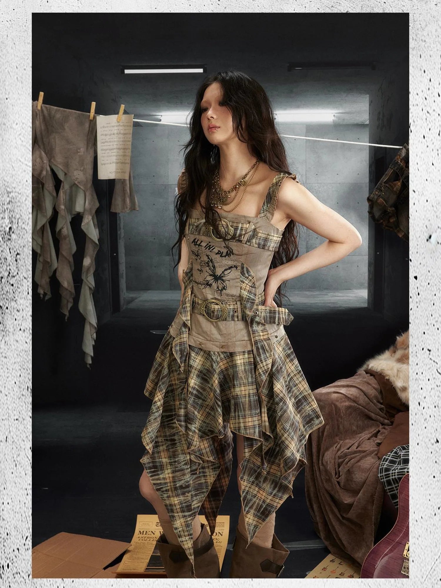 Butterfly Print Double Belt Plaid Dress