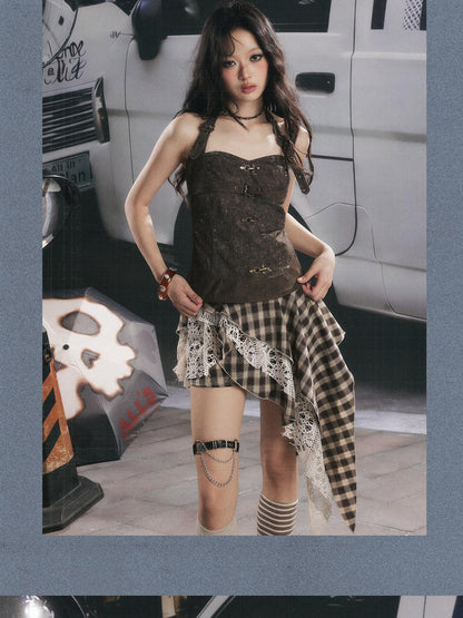 ALL iN plan Checked Halter Neck Tie Back Slim Crop Women&