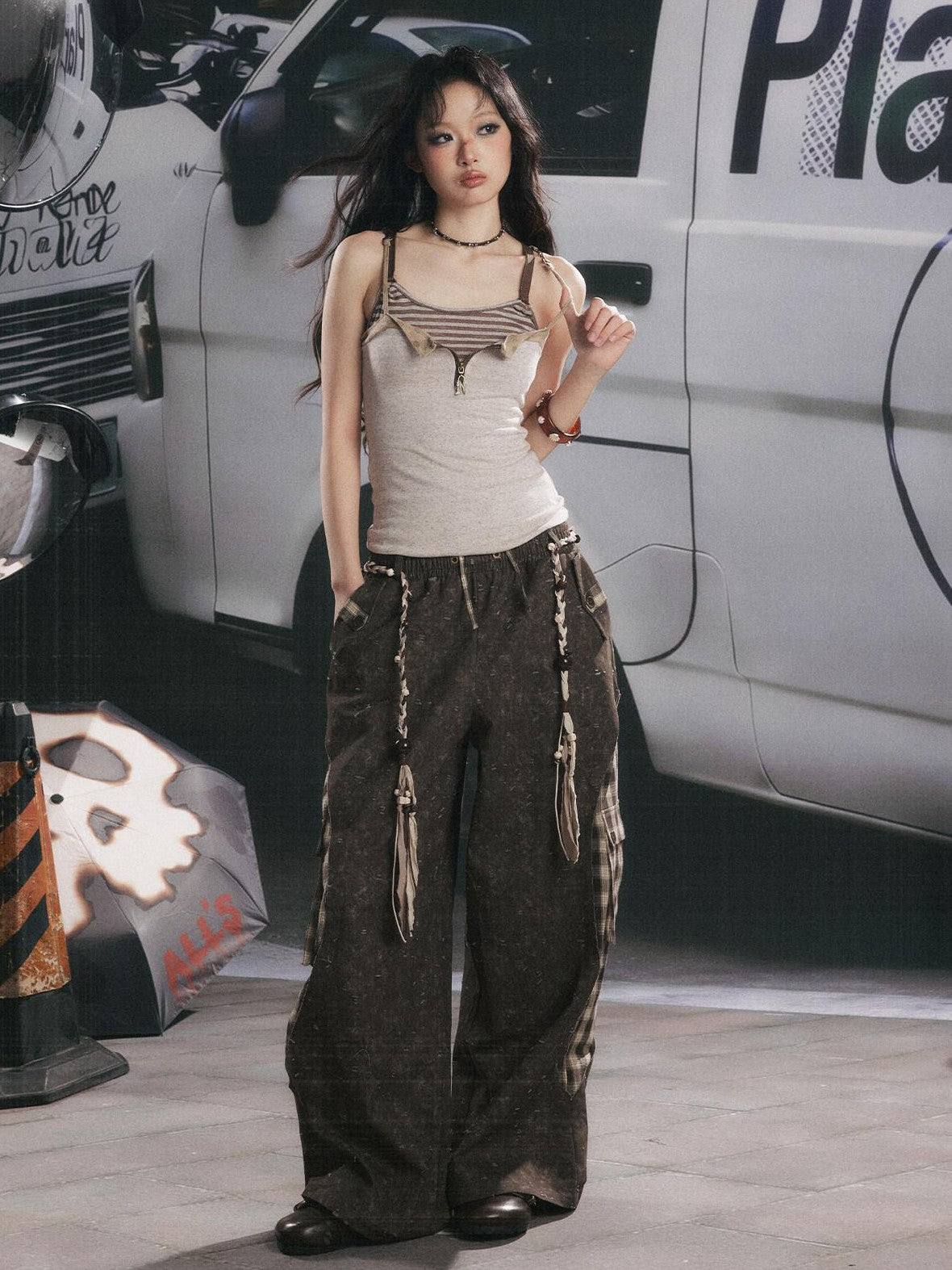ALL iN plan Coffee Plaid Patchwork High Waist Loose Straight Women&