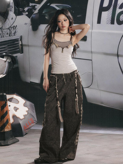 ALL iN plan Coffee Plaid Patchwork High Waist Loose Straight Women&