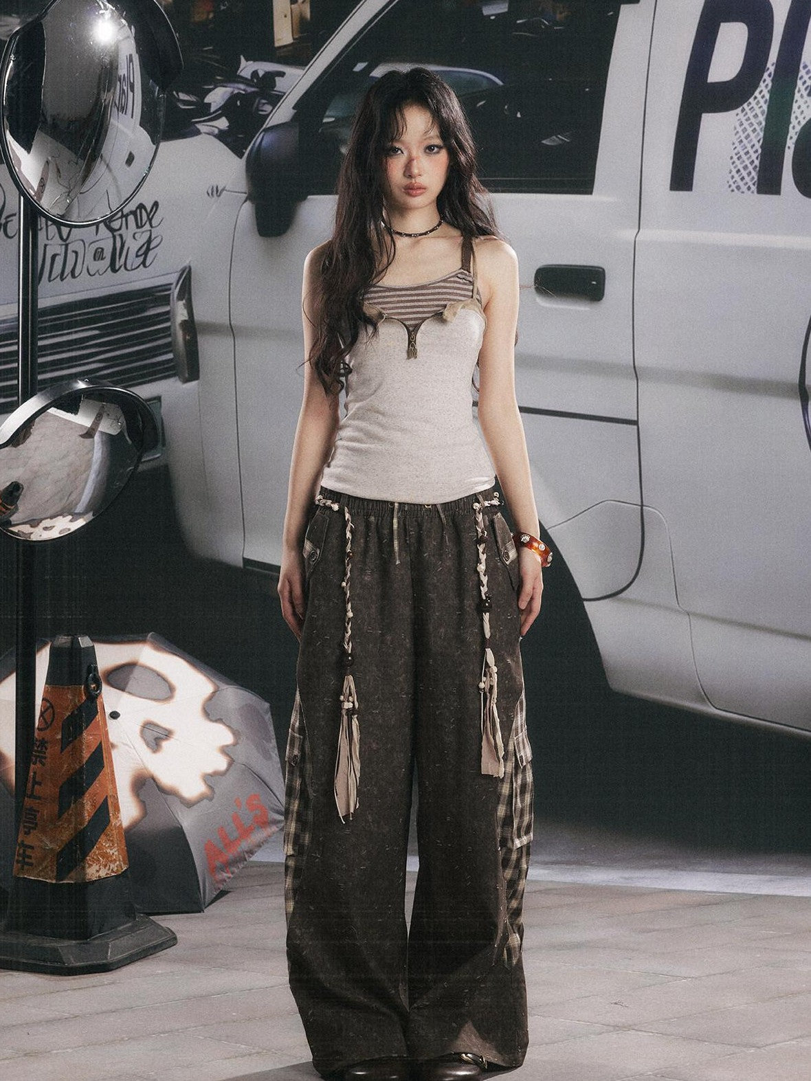 ALL iN plan Coffee Plaid Patchwork High Waist Loose Straight Women&