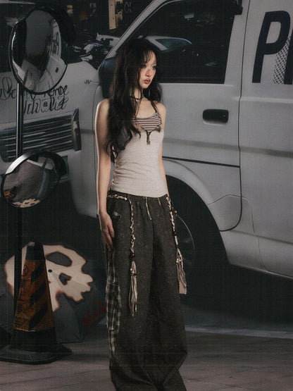 ALL iN plan Coffee Plaid Patchwork High Waist Loose Straight Women&