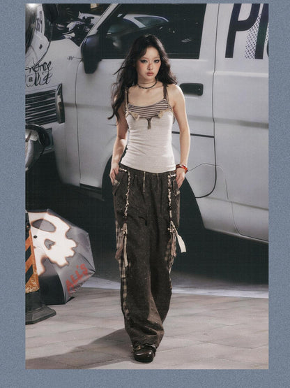 ALL iN plan Coffee Plaid Patchwork High Waist Loose Straight Women&