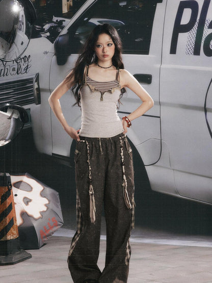 ALL iN plan Coffee Plaid Patchwork High Waist Loose Straight Women&