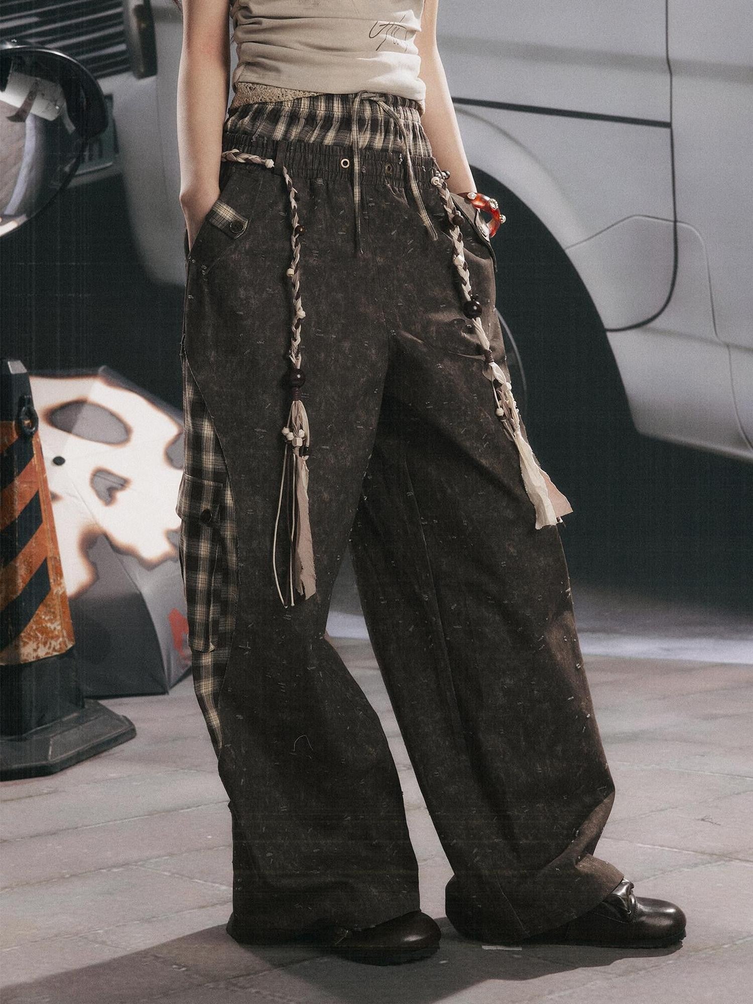 ALL iN plan Coffee Plaid Patchwork High Waist Loose Straight Women&