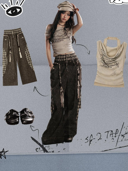 ALL iN plan Coffee Plaid Patchwork High Waist Loose Straight Women&