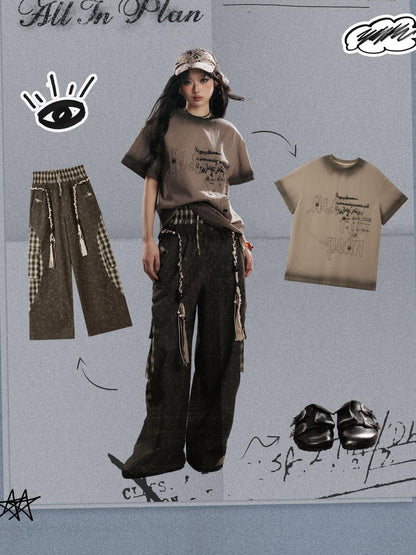 ALL iN plan Coffee Plaid Patchwork High Waist Loose Straight Women&