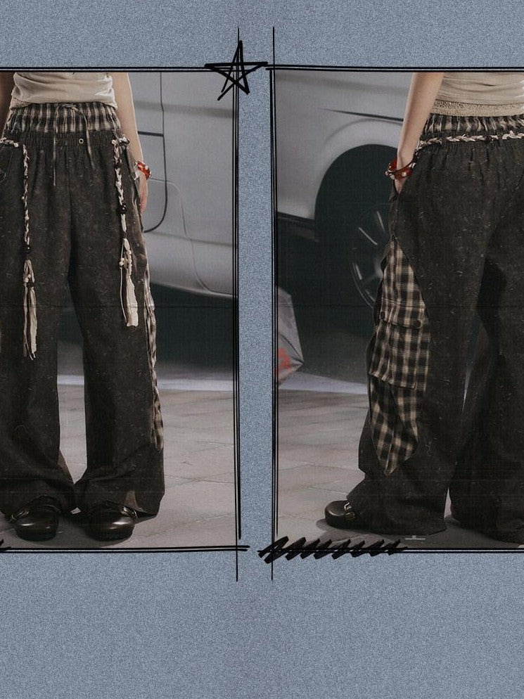 ALL iN plan Coffee Plaid Patchwork High Waist Loose Straight Women&