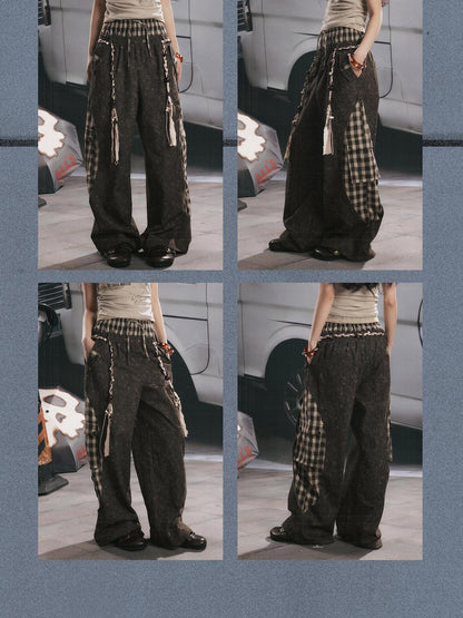 ALL iN plan Coffee Plaid Patchwork High Waist Loose Straight Women&