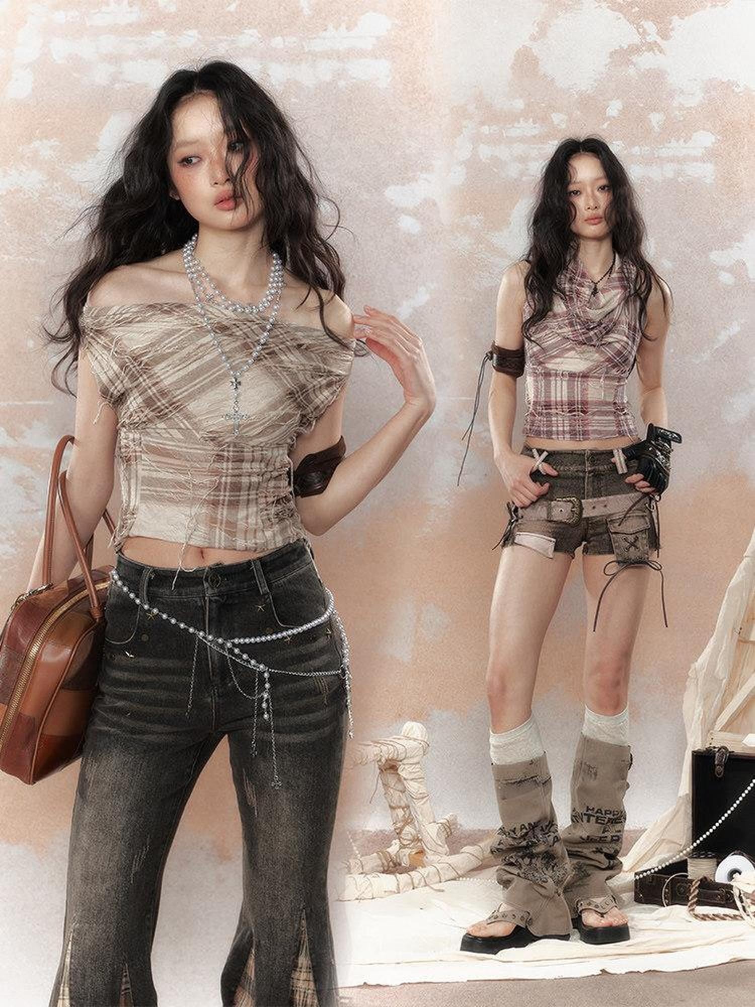 ALL iN plan Cropped Tassel Plaid Retro Draped Neck Women&