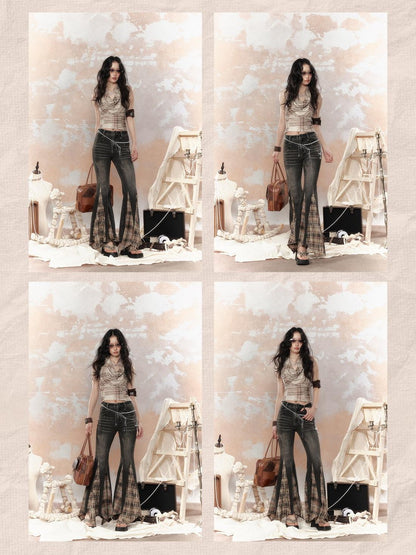 ALL iN plan Cropped Tassel Plaid Retro Draped Neck Women&