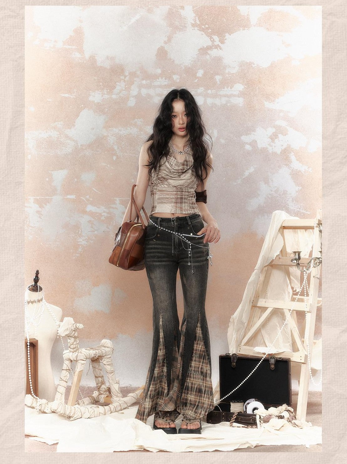 ALL iN plan Cropped Tassel Plaid Retro Draped Neck Women&
