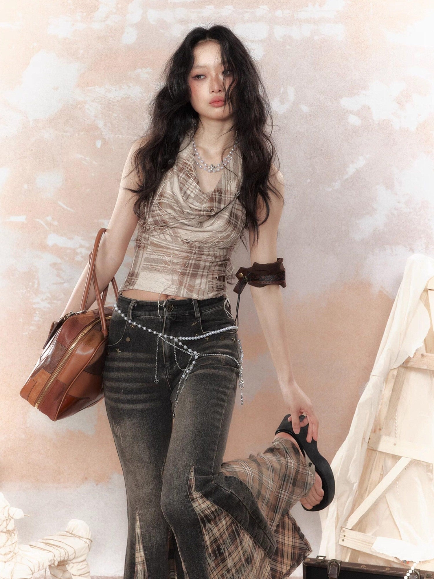 ALL iN plan Cropped Tassel Plaid Retro Draped Neck Women&