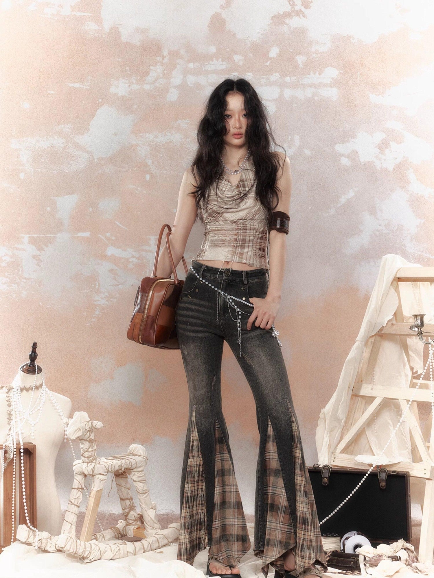 ALL iN plan Cropped Tassel Plaid Retro Draped Neck Women&