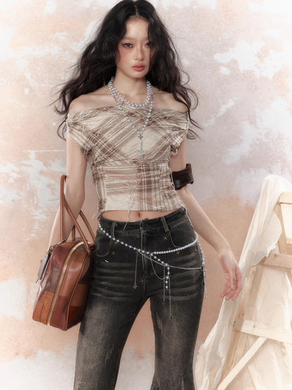 ALL iN plan Cropped Tassel Plaid Retro Draped Neck Women&