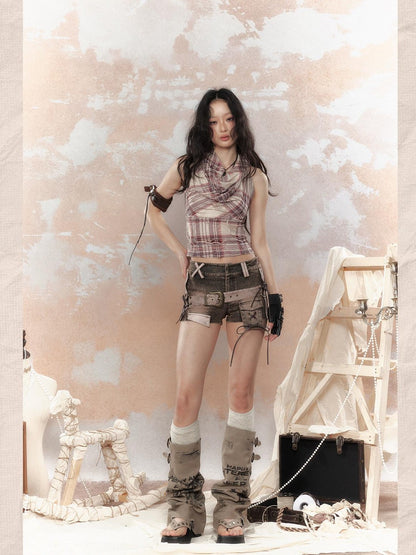 ALL iN plan Cropped Tassel Plaid Retro Draped Neck Women&
