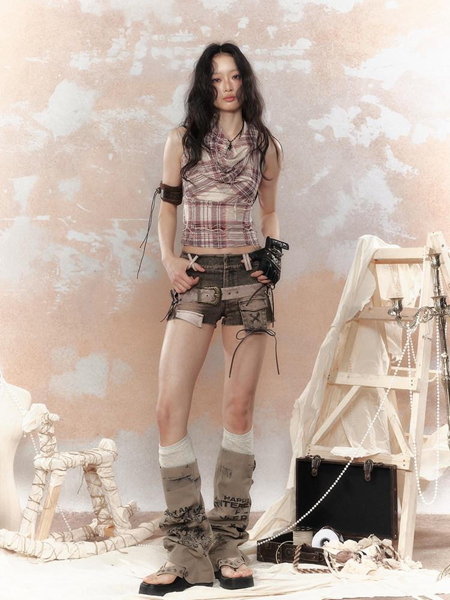 ALL iN plan Cropped Tassel Plaid Retro Draped Neck Women&
