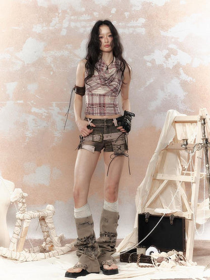 ALL iN plan Cropped Tassel Plaid Retro Draped Neck Women&