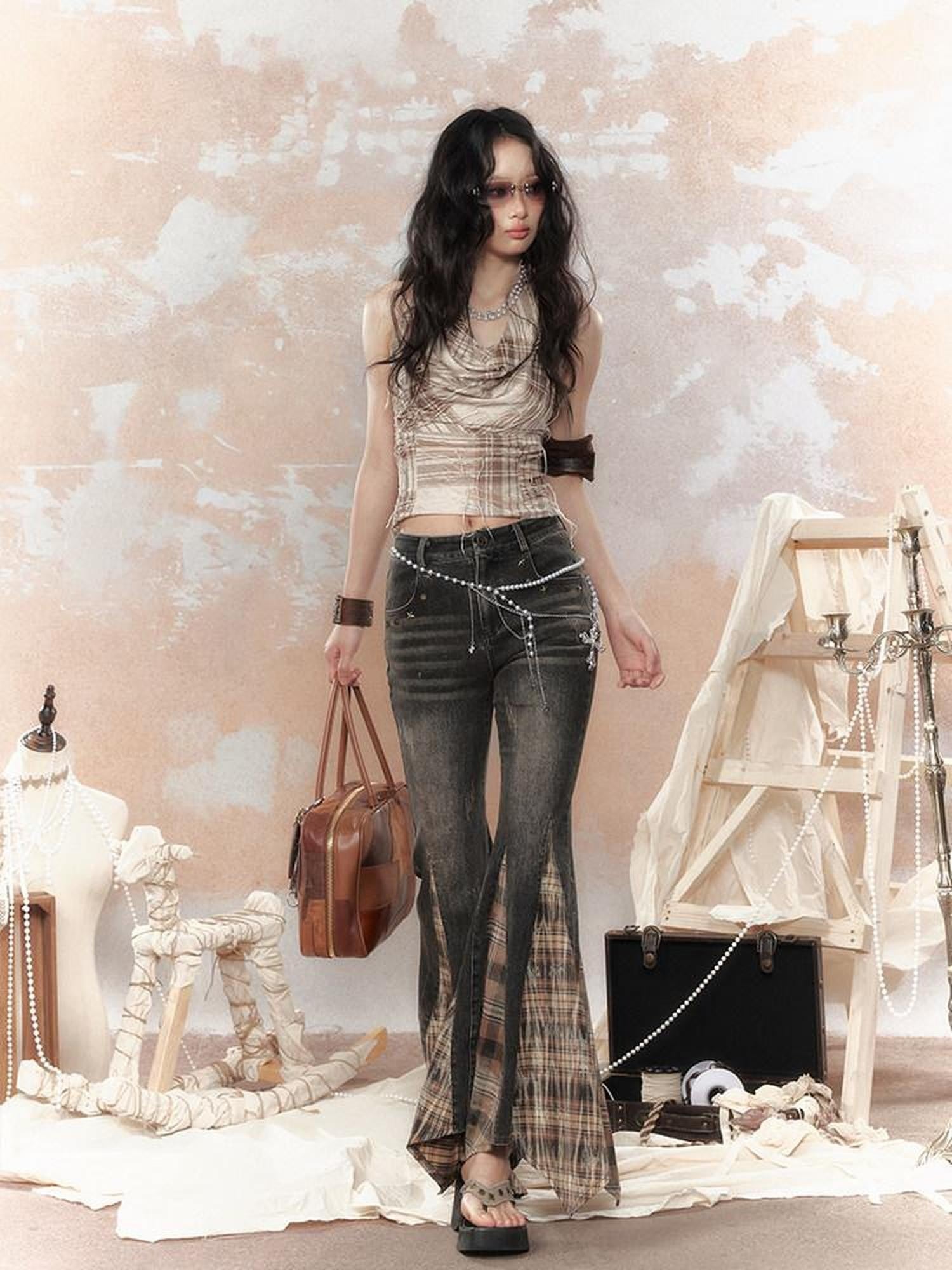 ALL iN plan Cropped Tassel Plaid Retro Draped Neck Women&
