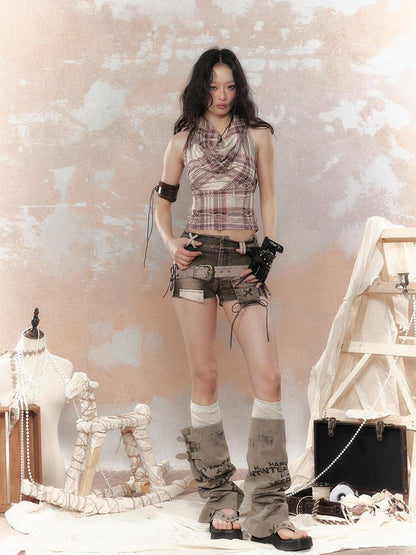 ALL iN plan Cropped Tassel Plaid Retro Draped Neck Women&