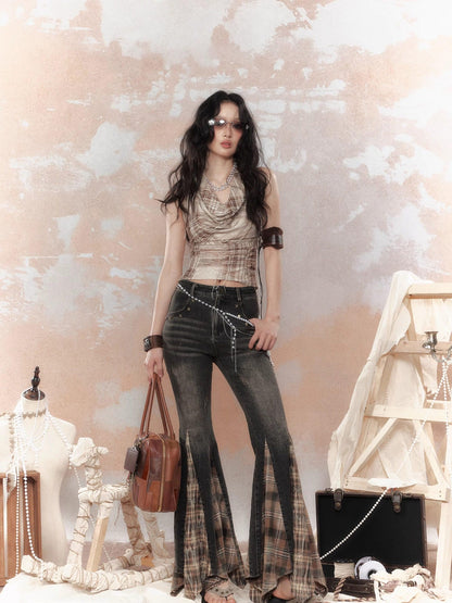 ALL iN plan Cropped Tassel Plaid Retro Draped Neck Women&
