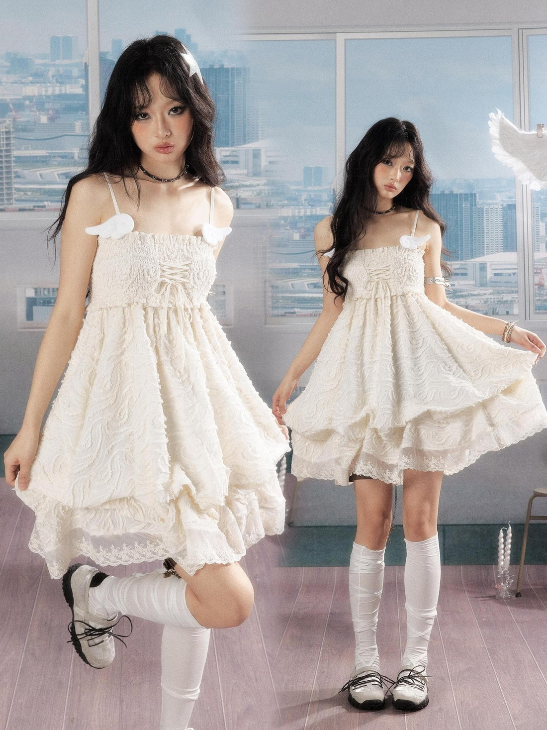 ALL iN plan Cute Lace Trim Spaghetti Sleeveless Teen Ivory Cotton Slip Mini Dresses