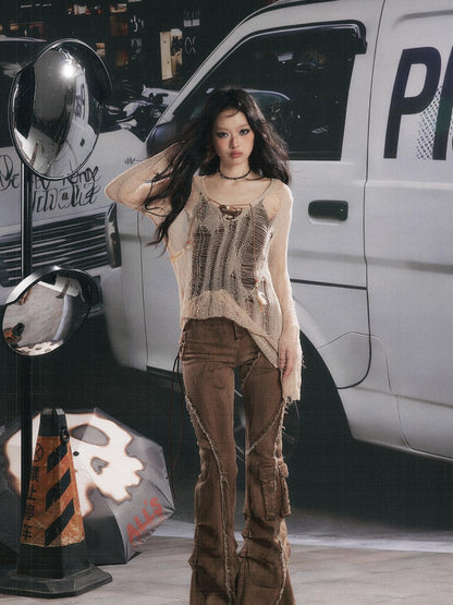 ALL iN plan Cutout Overlay Asymmetric Distressed Two Piece Women&