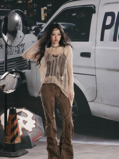 ALL iN plan Cutout Overlay Asymmetric Distressed Two Piece Women&