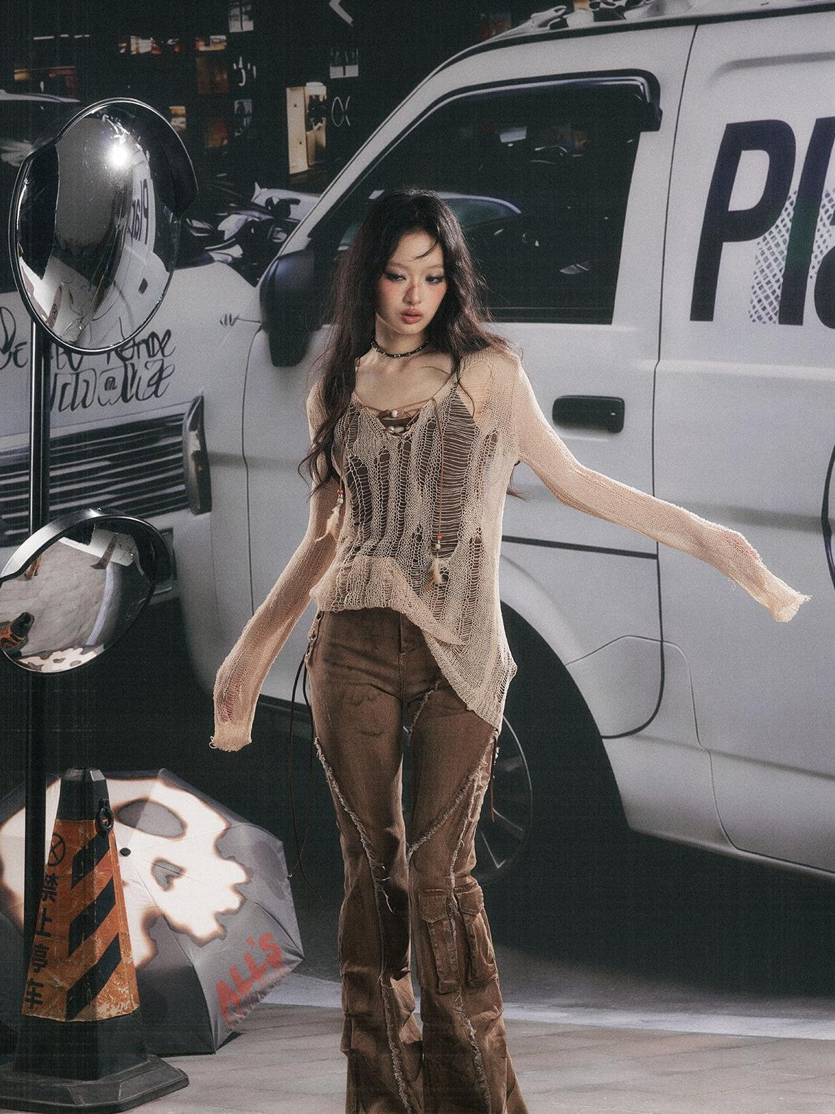 ALL iN plan Cutout Overlay Asymmetric Distressed Two Piece Women&