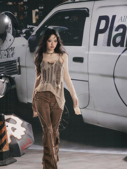 ALL iN plan Cutout Overlay Asymmetric Distressed Two Piece Women&