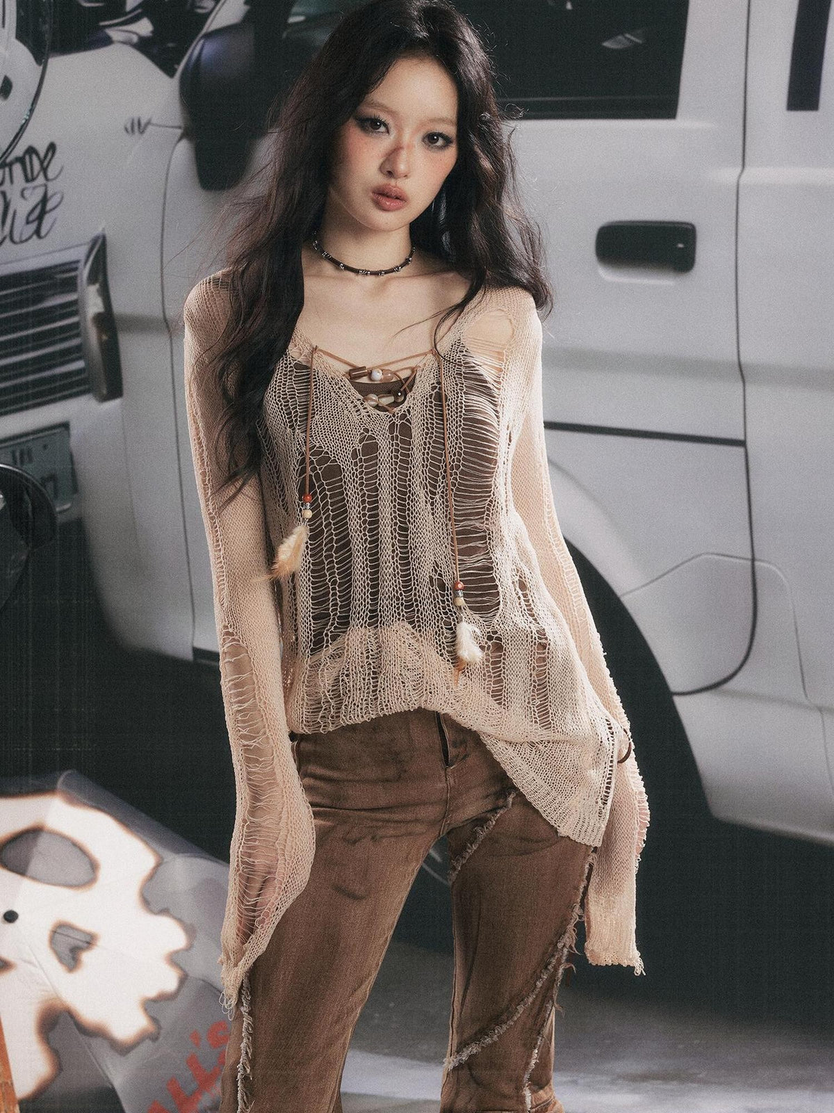 ALL iN plan Cutout Overlay Asymmetric Distressed Two Piece Women&