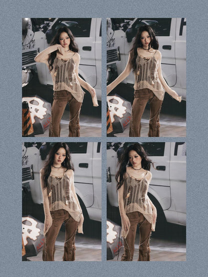 ALL iN plan Cutout Overlay Asymmetric Distressed Two Piece Women&