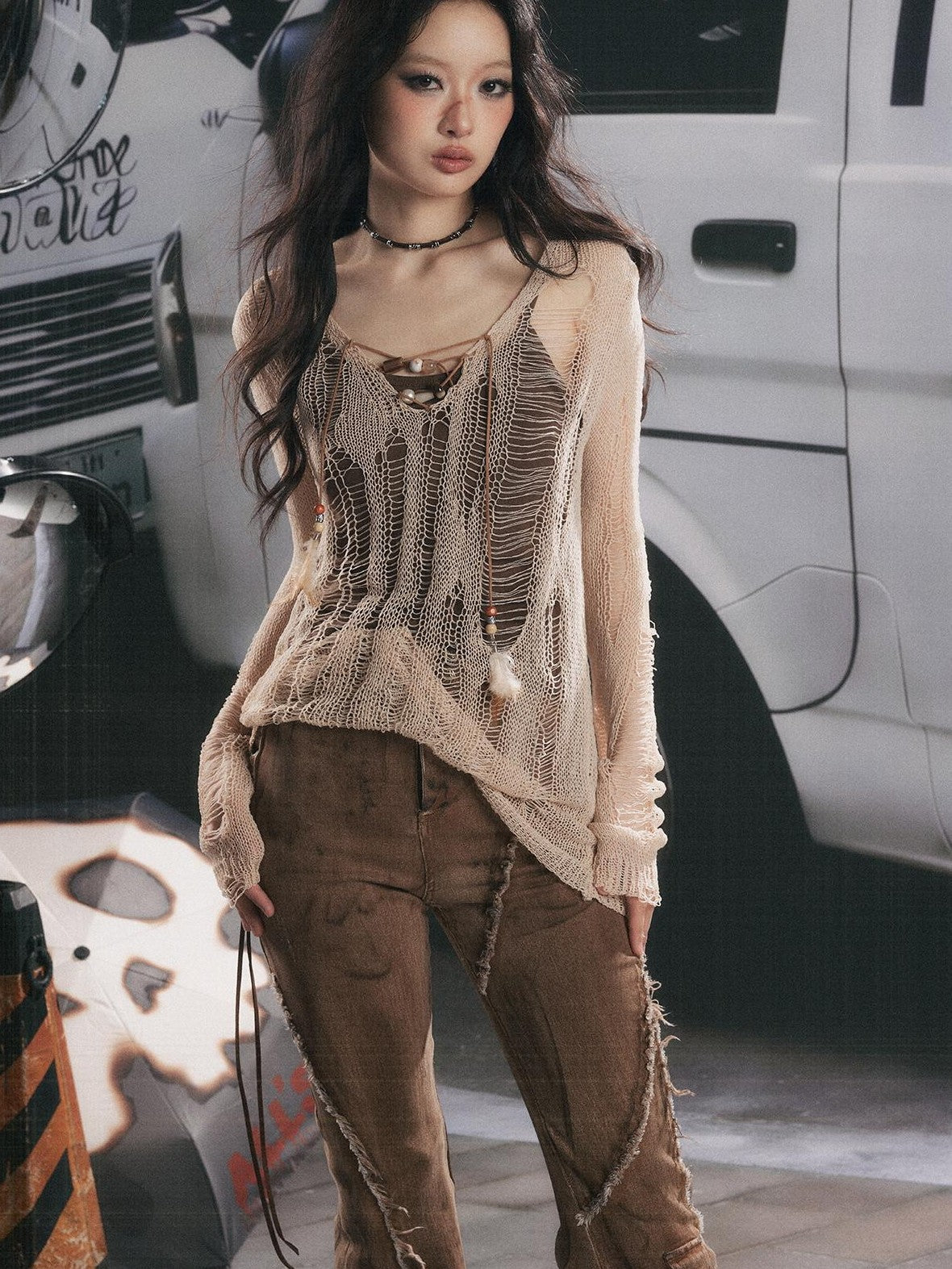 ALL iN plan Cutout Overlay Asymmetric Distressed Two Piece Women&