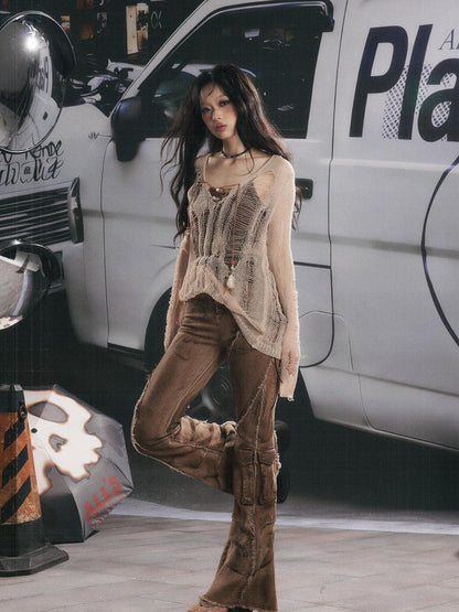 ALL iN plan Cutout Overlay Asymmetric Distressed Two Piece Women&