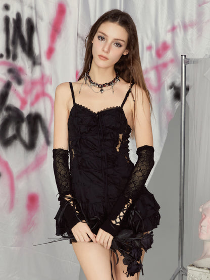 ALL iN plan Dark Lace Trim Sheath Dress With Detachable Sleeves