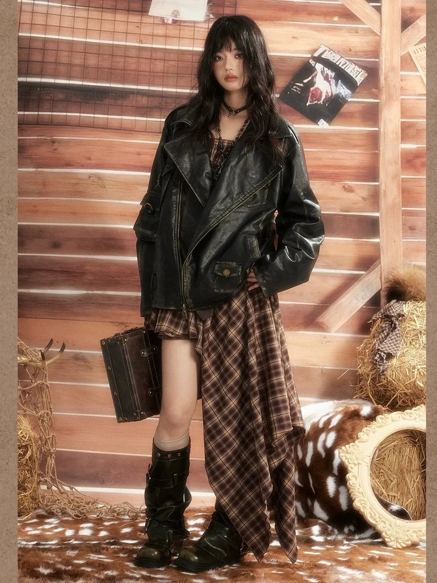 ALL iN plan Dark Punk Vintage Distressed Multi Pocket Leather Moto Jacket Jacket