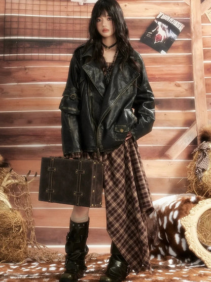 ALL iN plan Dark Punk Vintage Distressed Multi Pocket Leather Moto Jacket Jacket