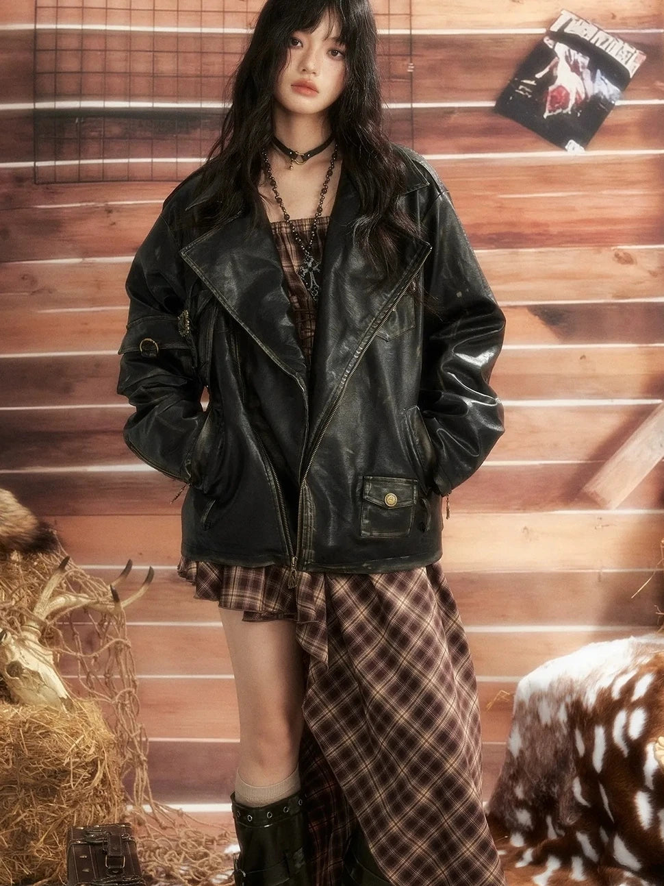 ALL iN plan Dark Punk Vintage Distressed Multi Pocket Leather Moto Jacket Jacket