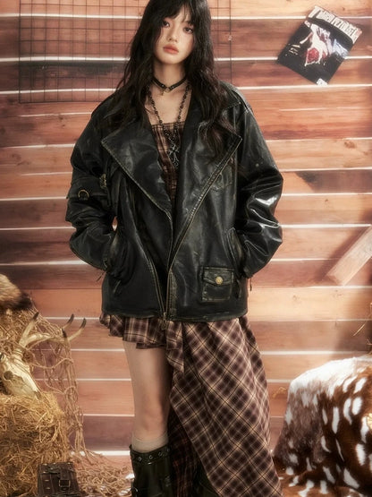 ALL iN plan Dark Punk Vintage Distressed Multi Pocket Leather Moto Jacket Jacket