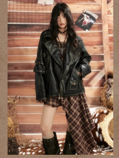 ALL iN plan Dark Punk Vintage Distressed Multi Pocket Leather Moto Jacket Jacket