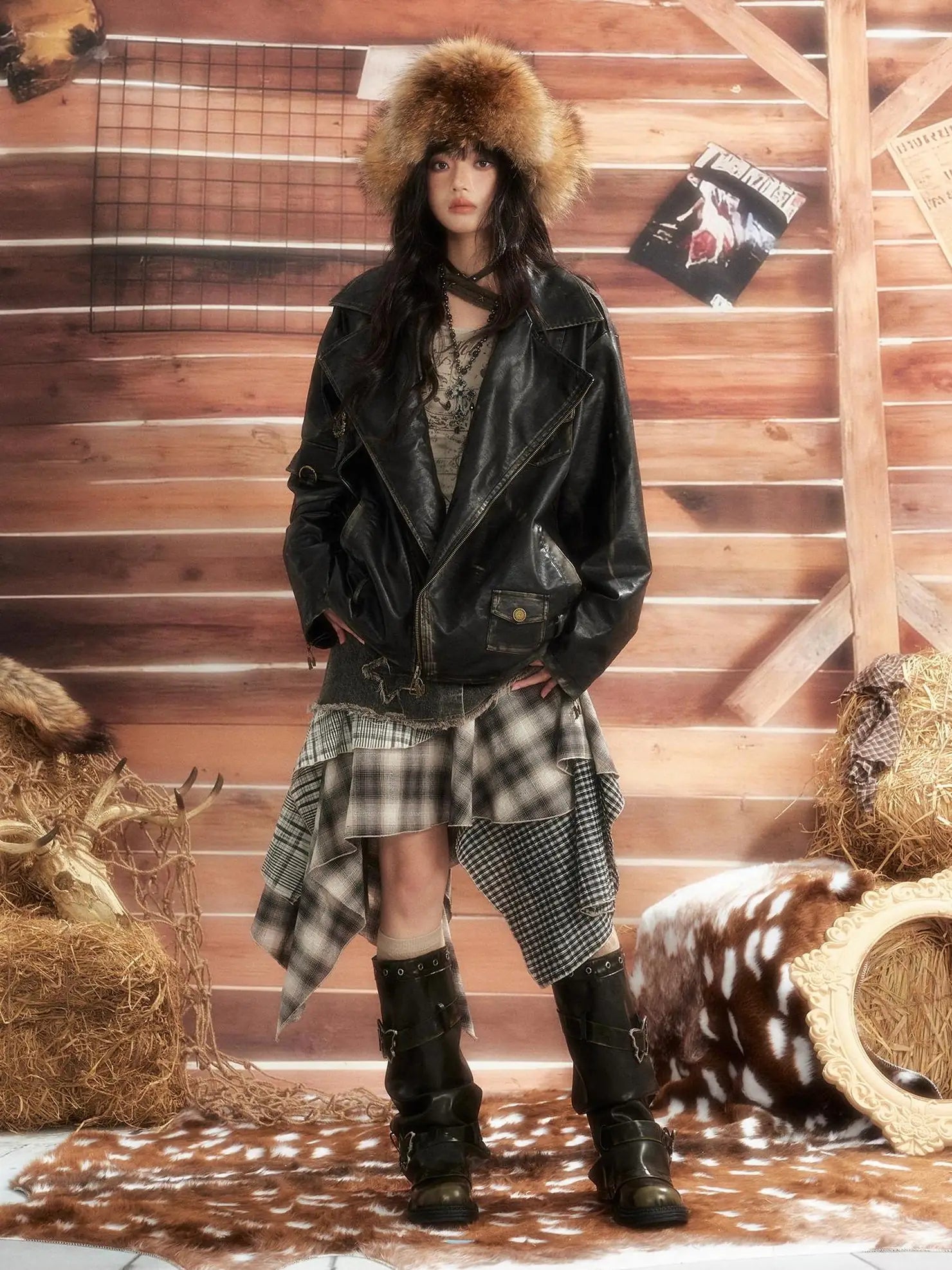 ALL iN plan Dark Punk Vintage Distressed Multi Pocket Leather Moto Jacket Jacket